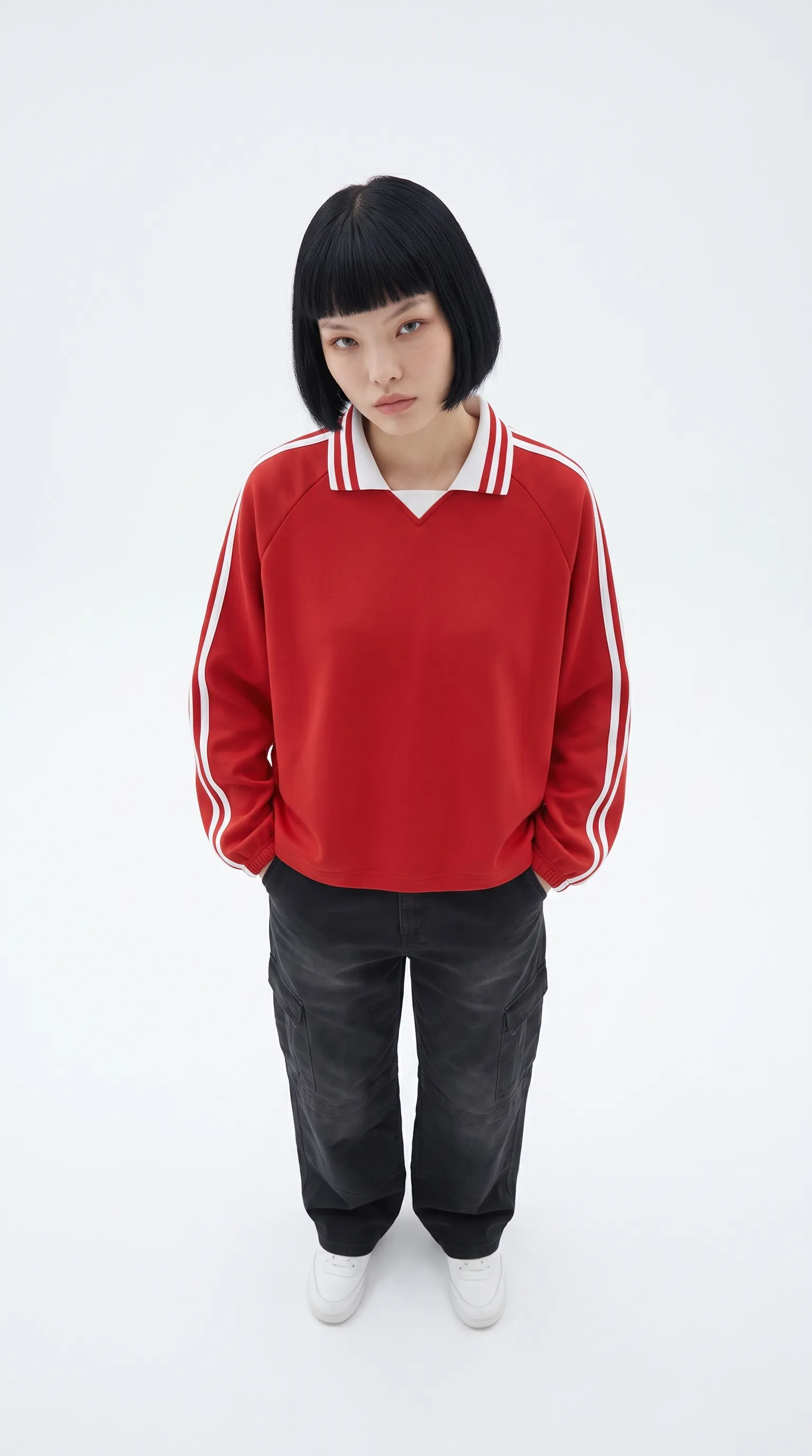 Contrast Striped Lapel Collar Sweatshirt (Rouge) - Cover
